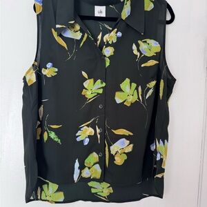 CAbi Dark Green Floral Sleeveless Blouse